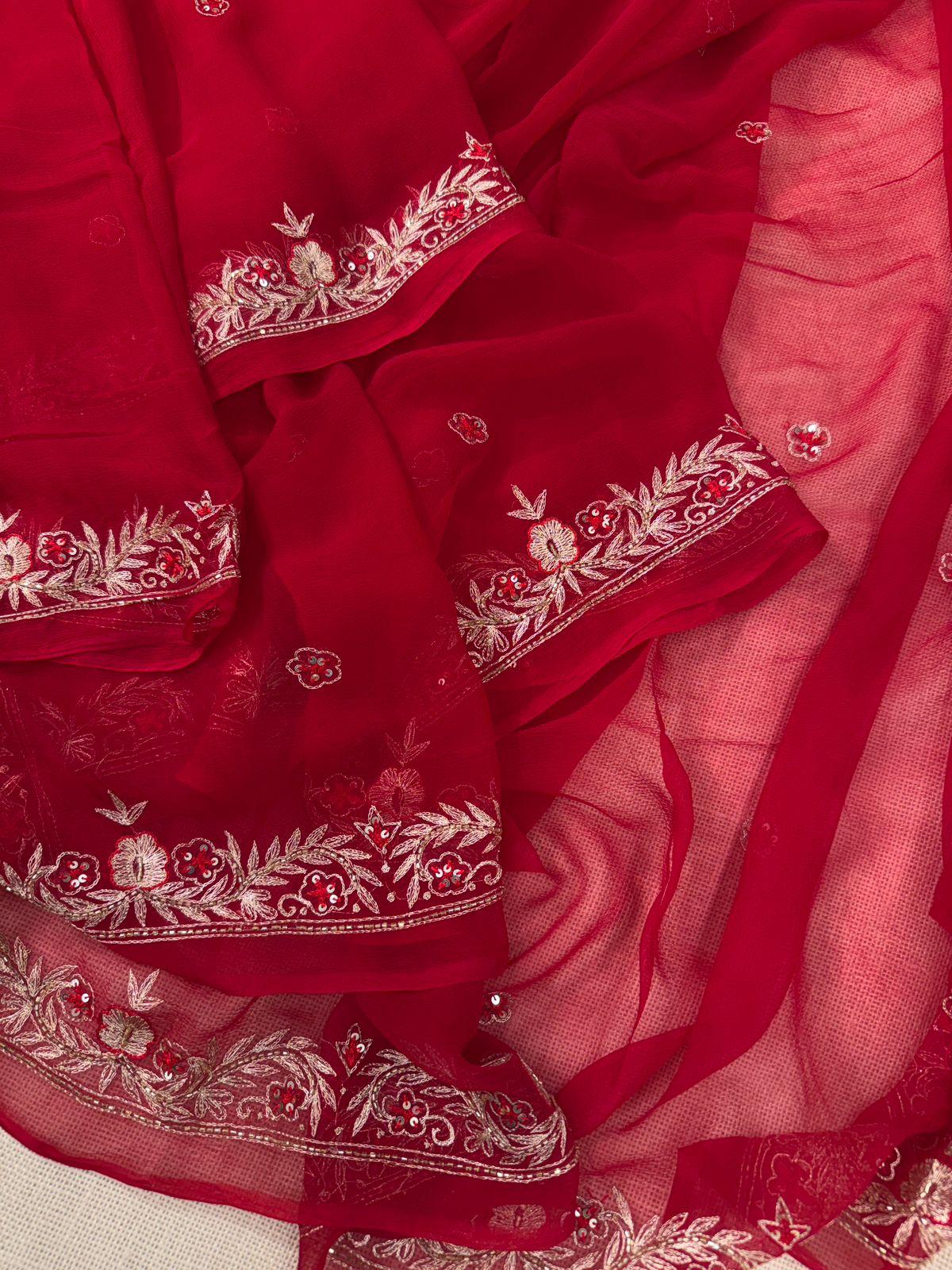 Red chiffon saree with debka, sequence and Resham embroidery with crepe blouse