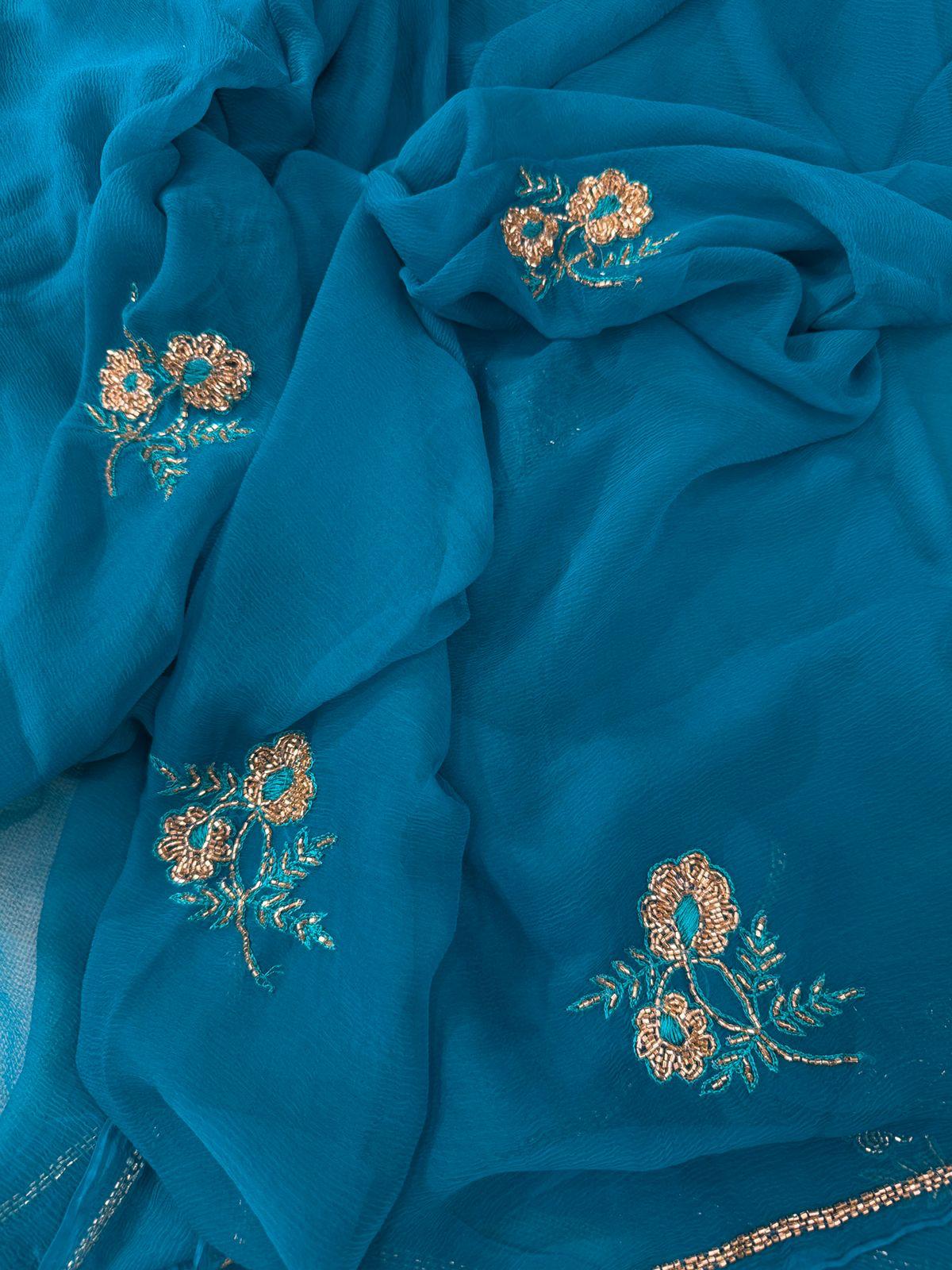 Light Blue chiffon saree with debka, sequence and Resham embroidery with crepe blouse
