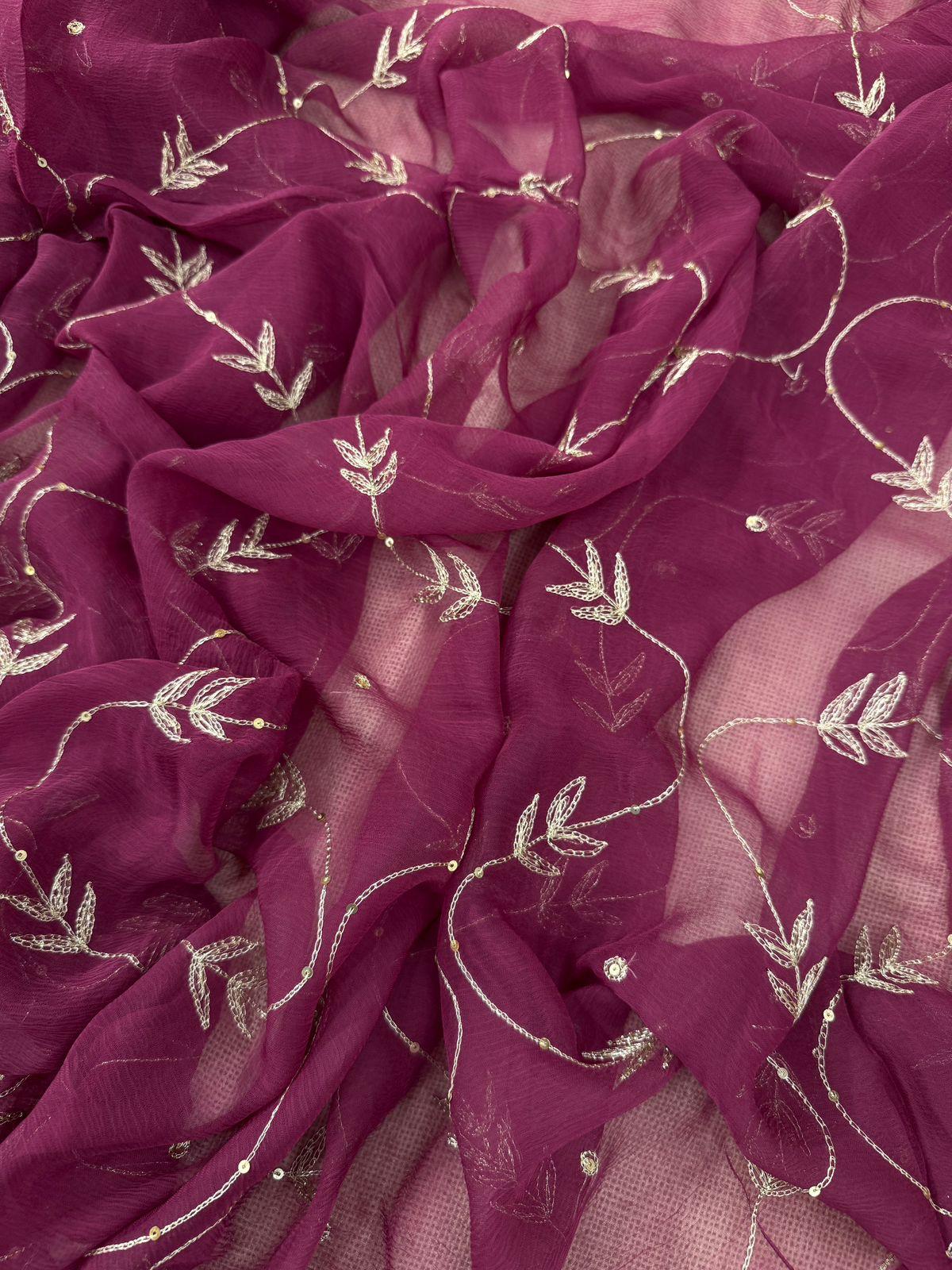 Purple color chiffon saree with debka and Resham embroidery with crepe blouse $7