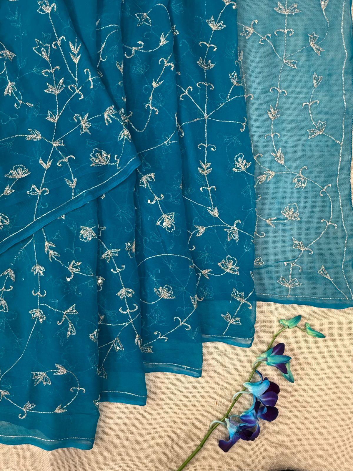 Light Blue chiffon saree with debka, sequence and Resham embroidery with crepe blouse