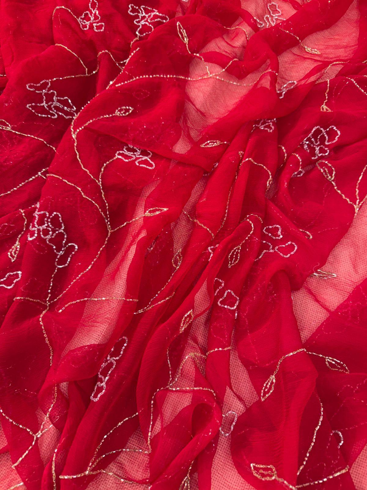 Red color chiffon saree with Karan and sequence embroidery