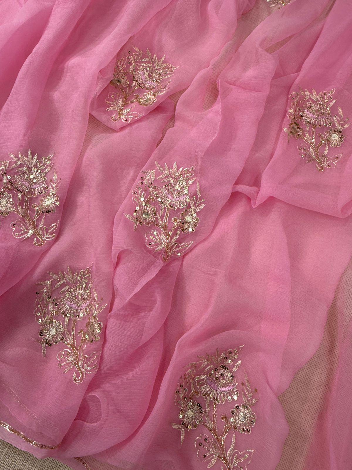 Baby pink chiffon saree with debka, sequence and Resham embroidery with crepe blouse