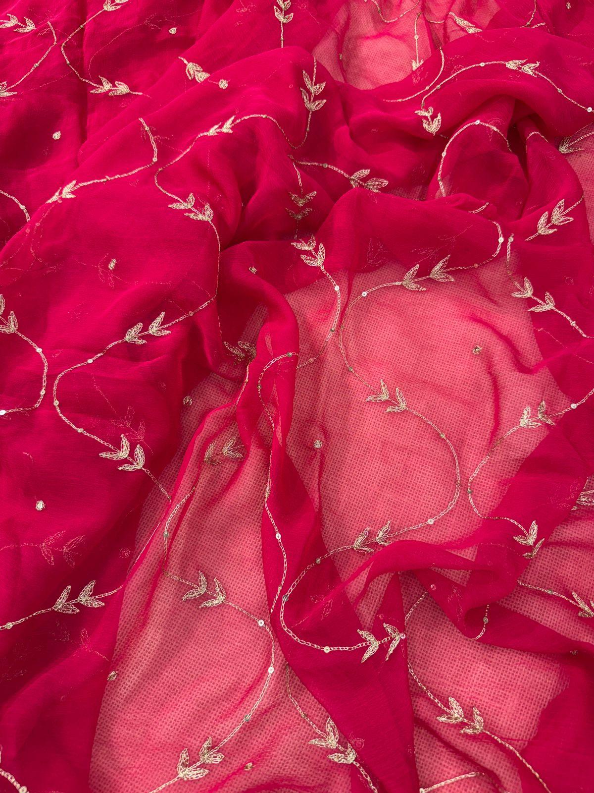 Pink chiffon saree with debka, sequence and Resham embroidery with crepe blouse