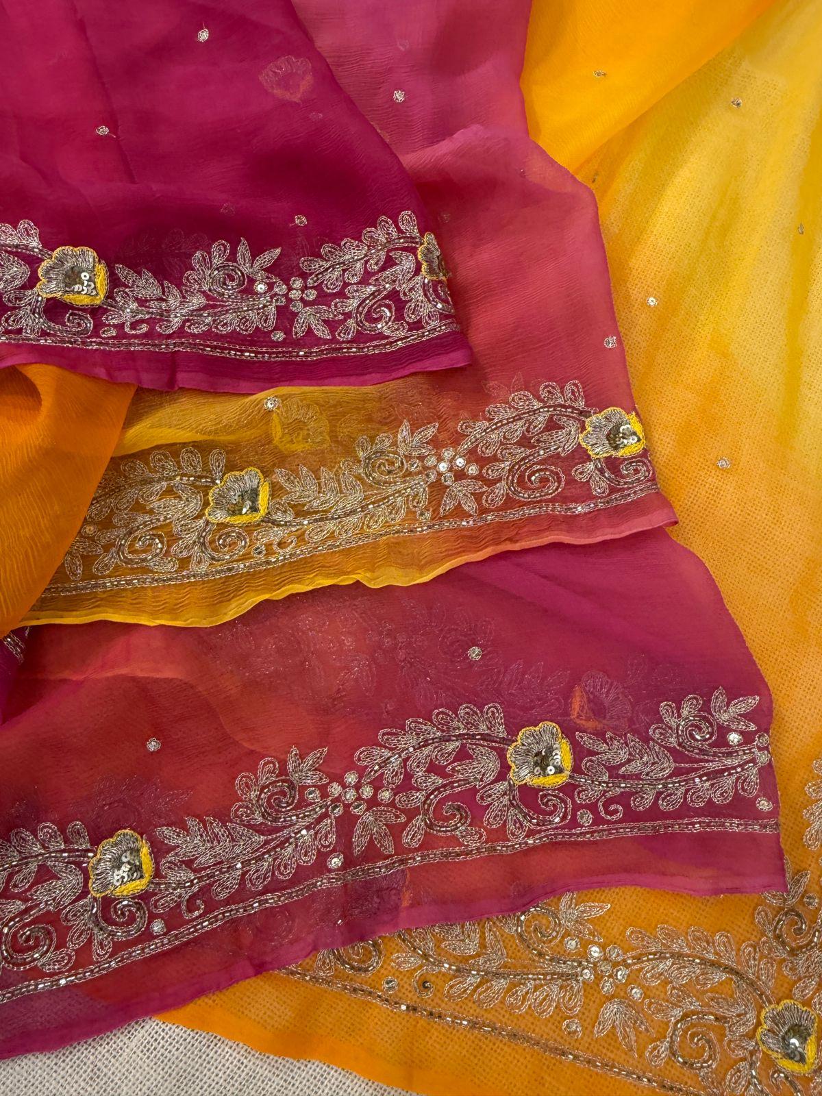 Yellow and Pink chiffon saree with debka, sequence and Resham embroidery with crepe blouse