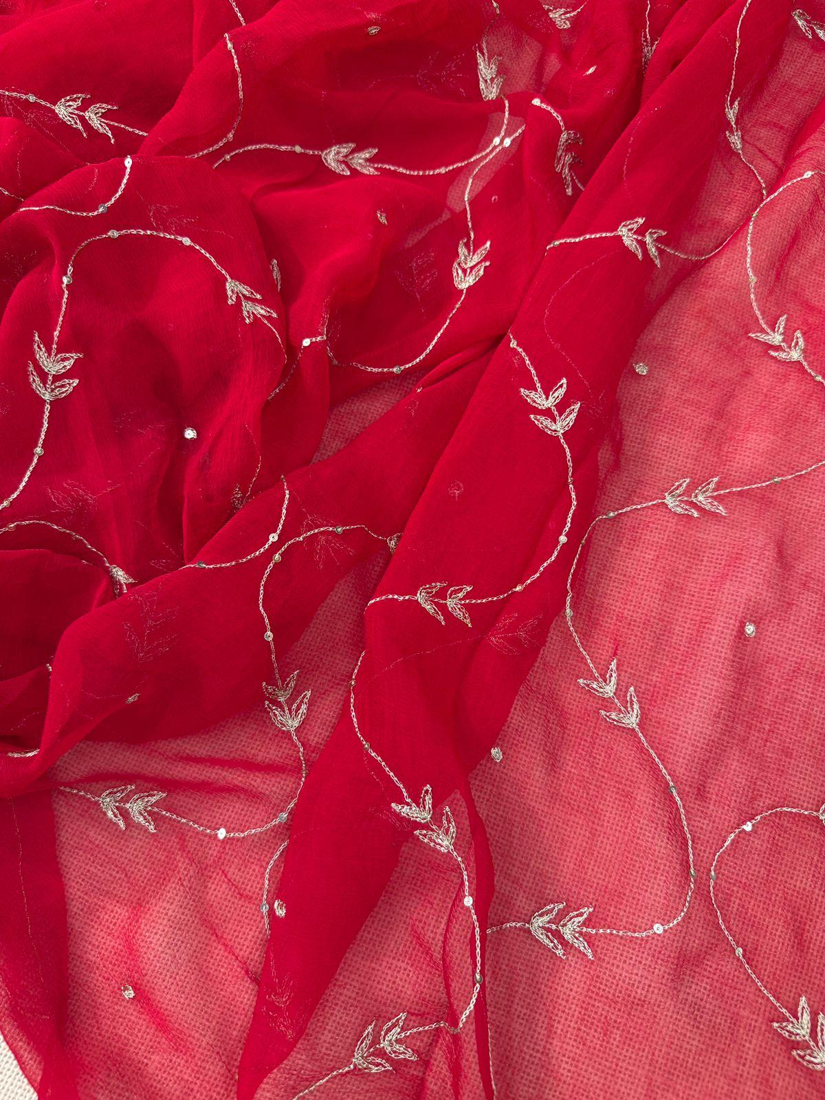 Red chiffon saree with debka, sequence and Resham embroidery with crepe blouse