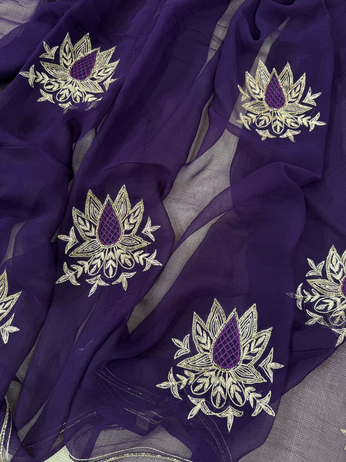 Purple color chiffon saree with debka and Resham embroidery with crepe blouse