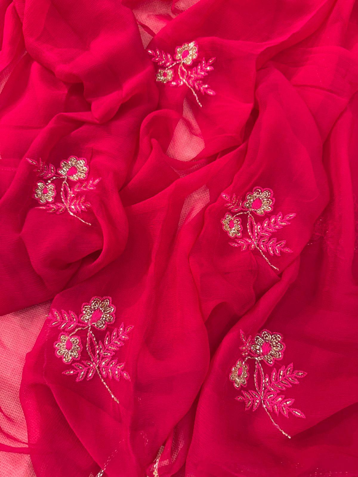 Pink chiffon saree with debka, sequence and Resham embroidery with crepe blouse