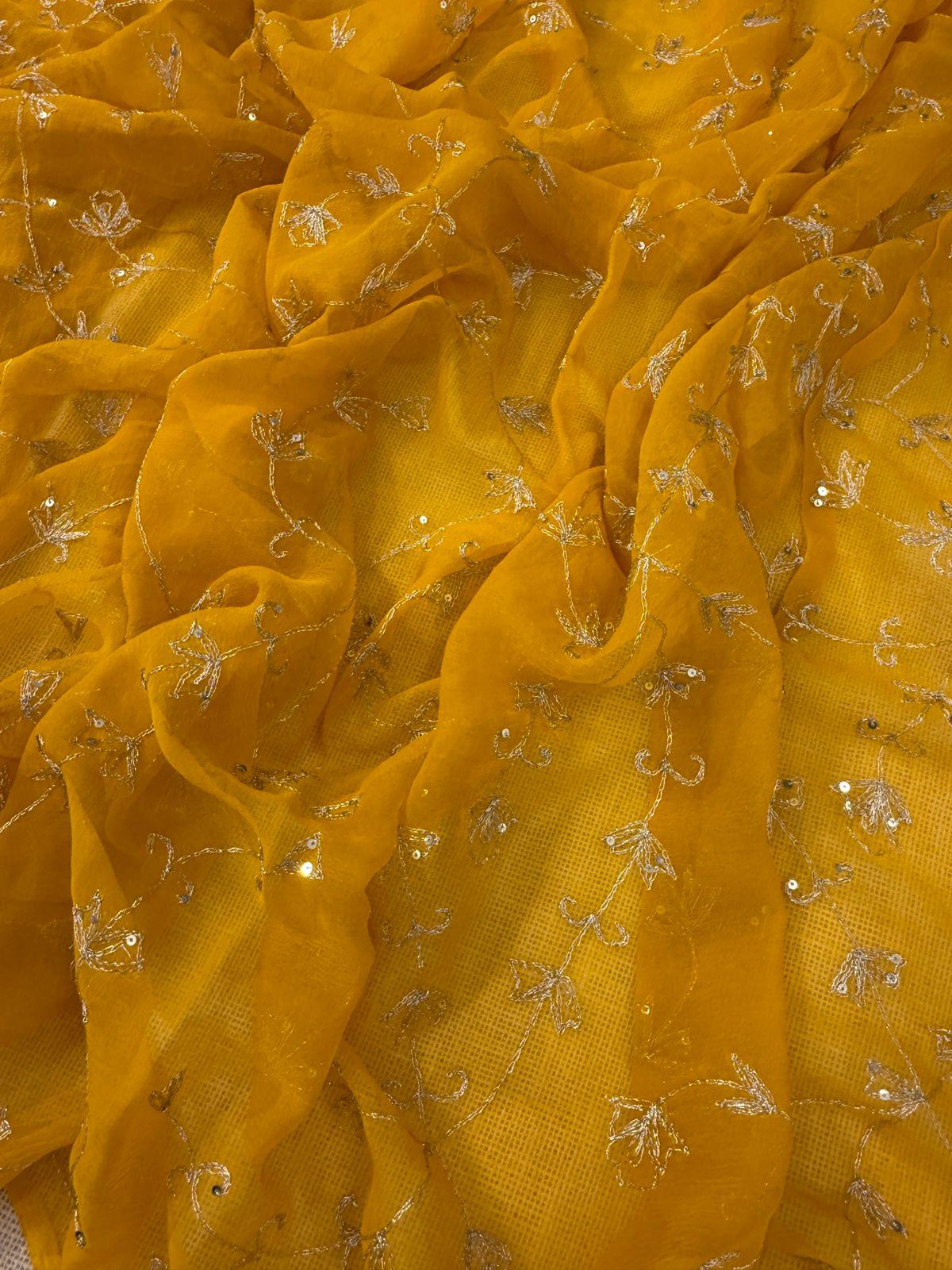 Yellow chiffon saree with debka, sequence and Resham embroidery with crepe blouse
