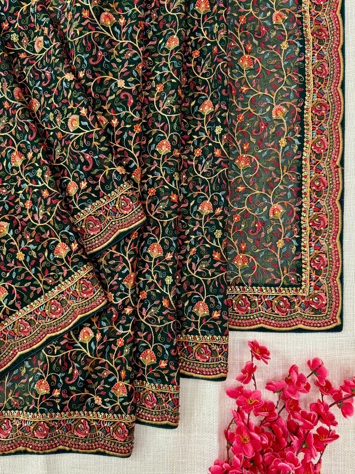 Bottle Green color Georgette Emboridery withwork in usa