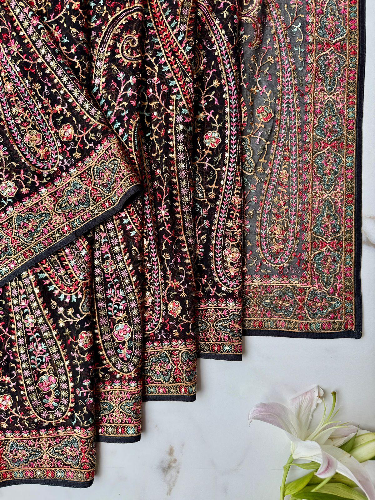 Handmade Black with multi color Design Saree Online USA
