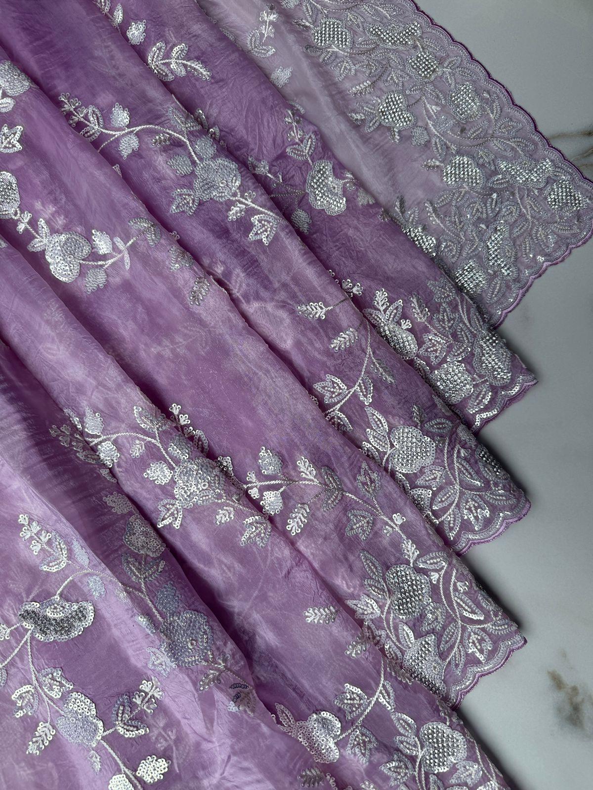Baby pink tissue with sequence, stone, Resham nd Dadhka work Design Saree Online USA