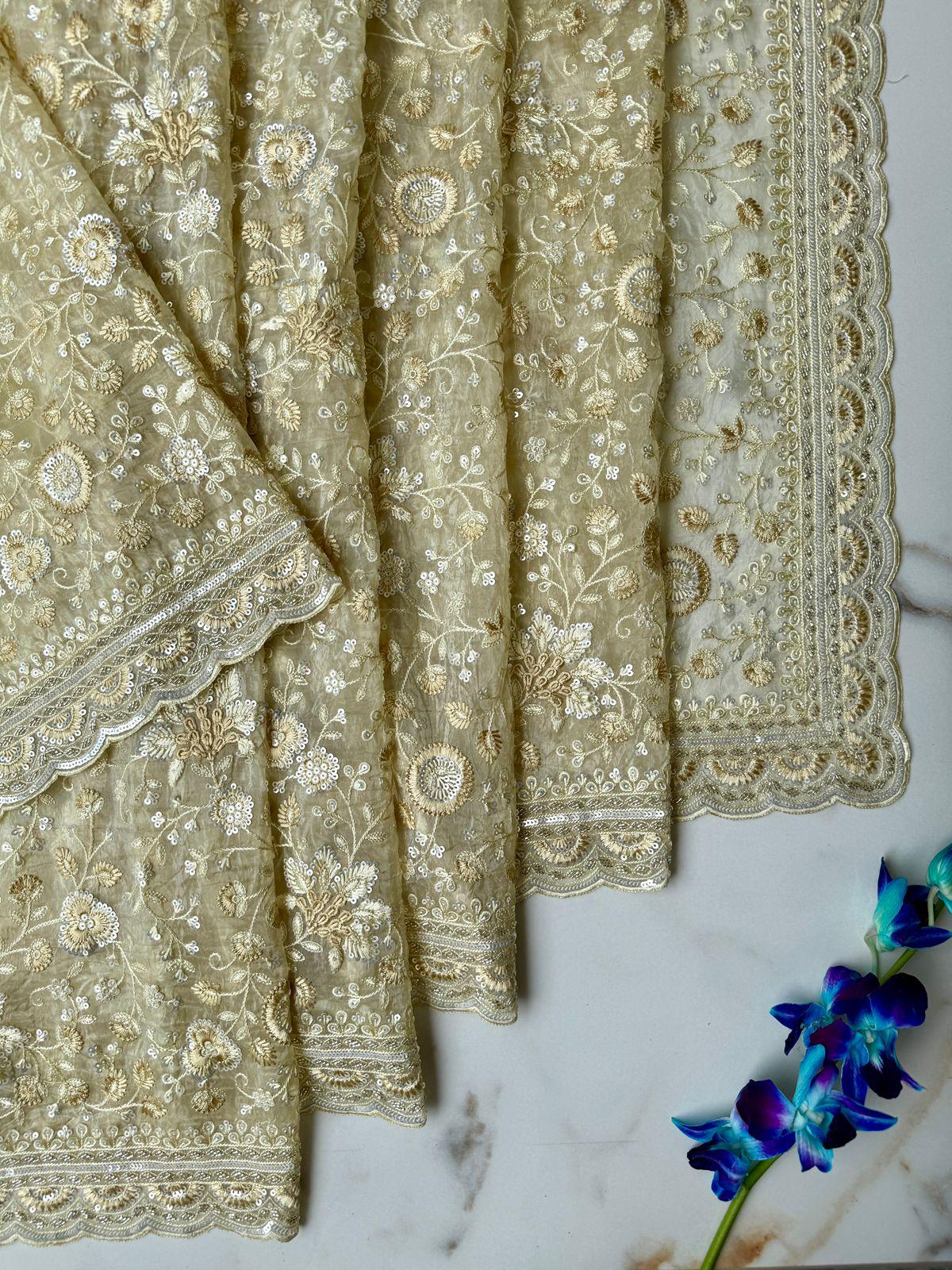 Lemon Tissue sasree with Danika, Resham , Sequence hand work Design Saree Online USA