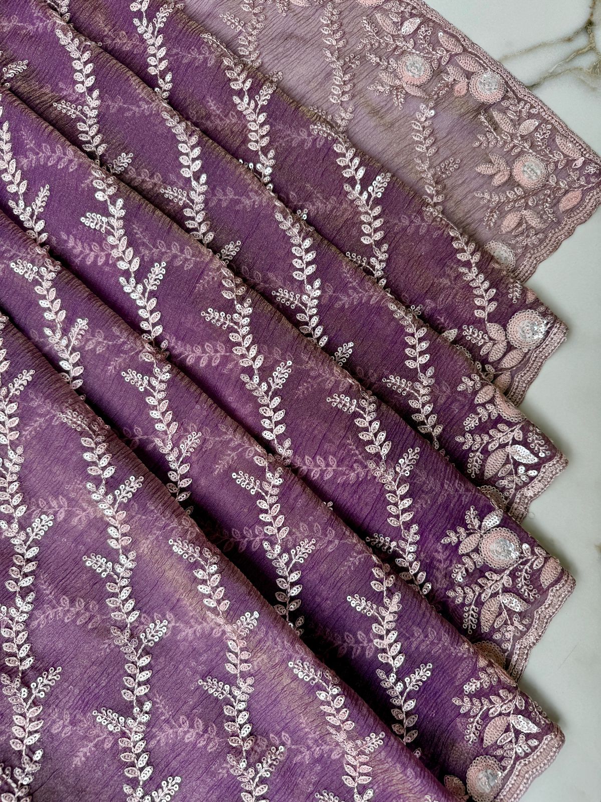 Mauve color crushed TIssue saree with Dabka and Sequence work Design Saree Online USA