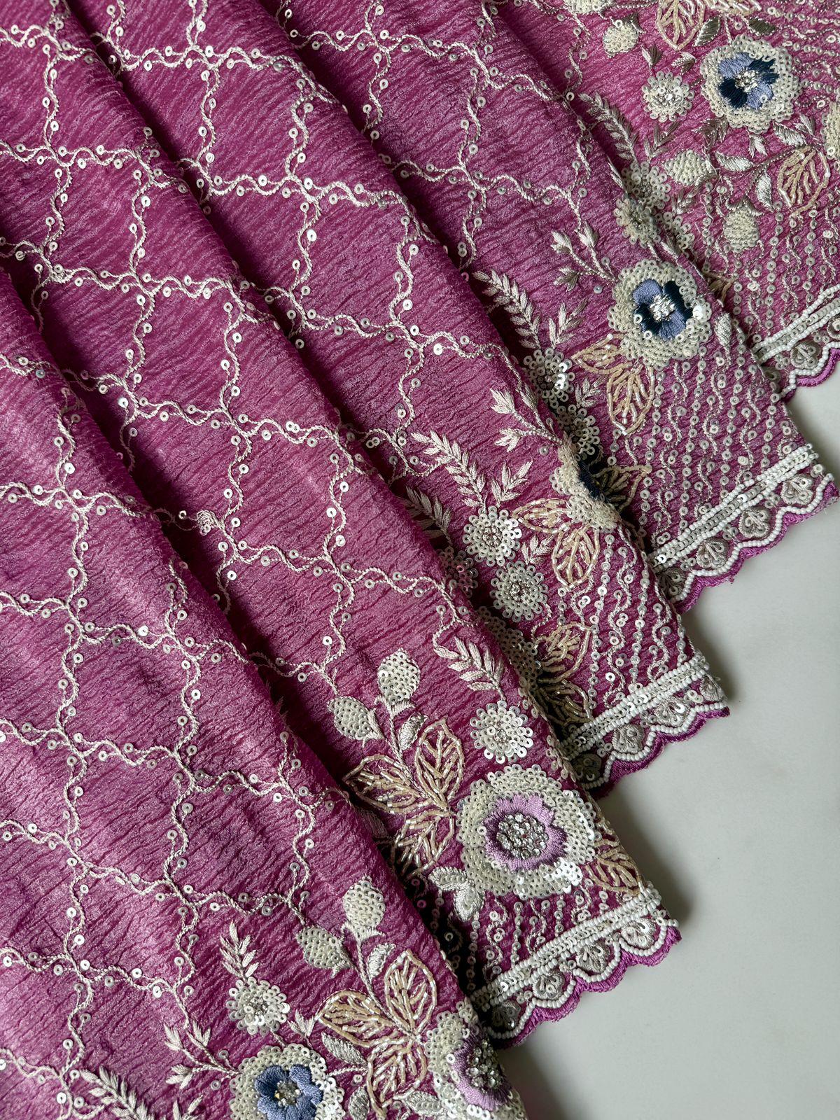 Onion pink crushed tissue saree with Danna, sequence and Jarkan work Design Saree Online USA