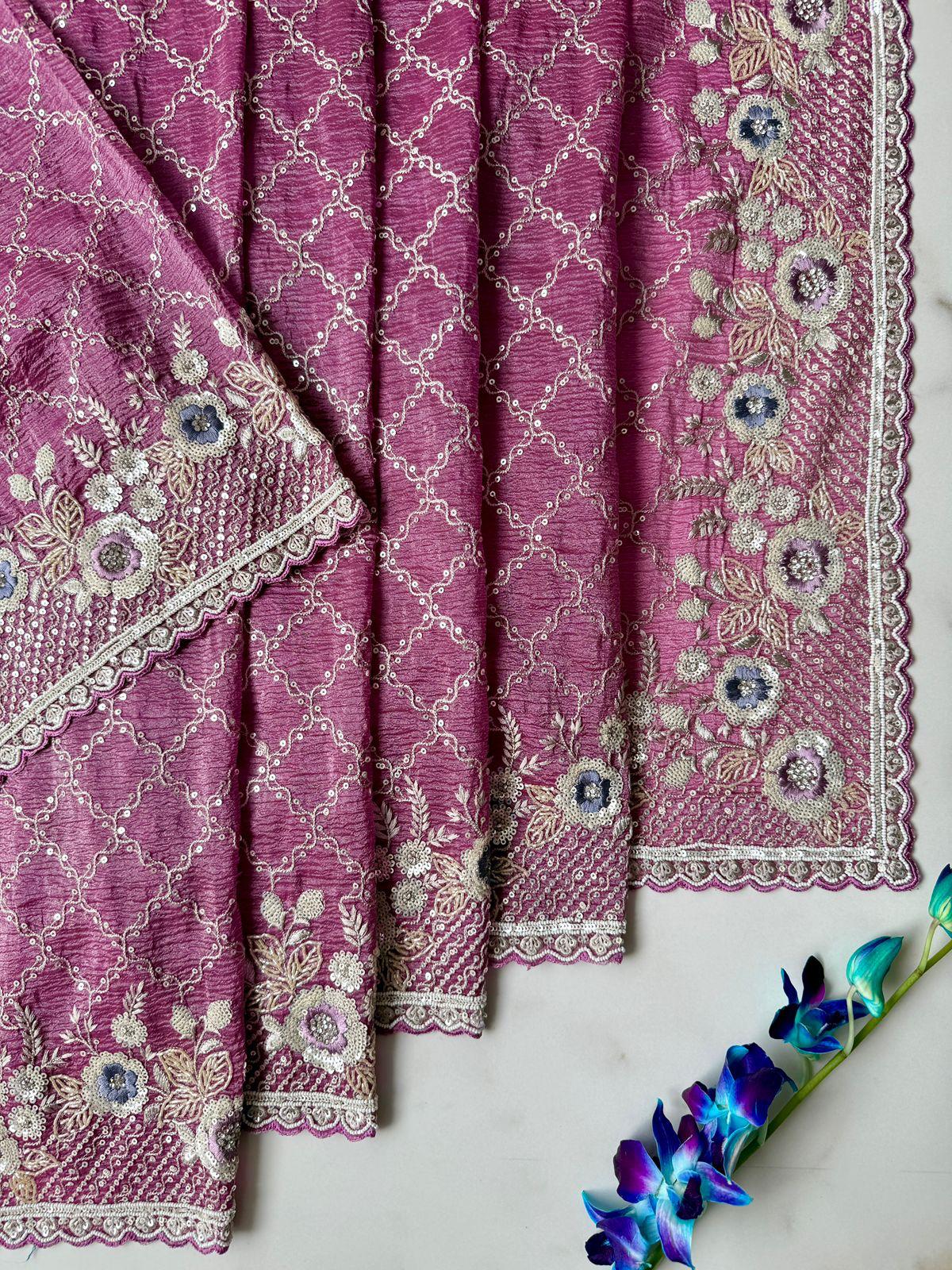 Onion pink crushed tissue saree with Danna, sequence and Jarkan work Design Saree Online USA
