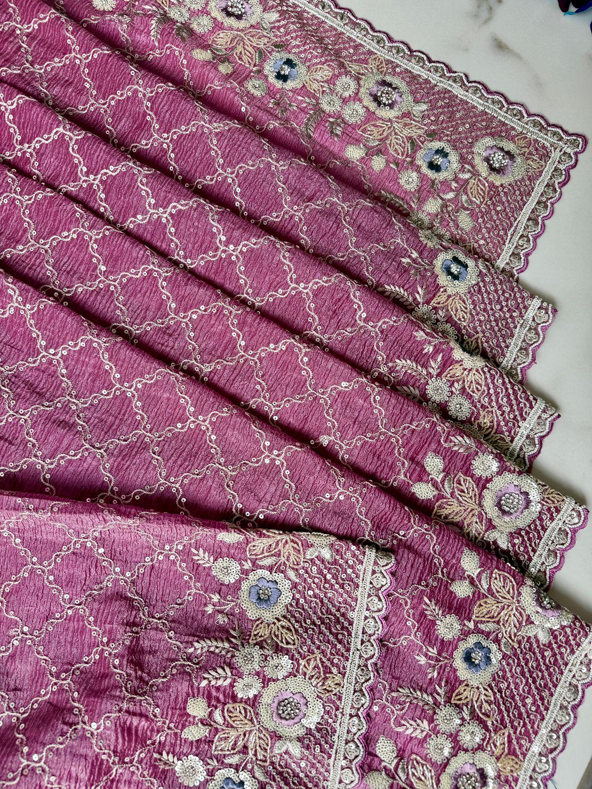 Onion pink crushed tissue saree with Danna, sequence and Jarkan work Design Saree Online USA