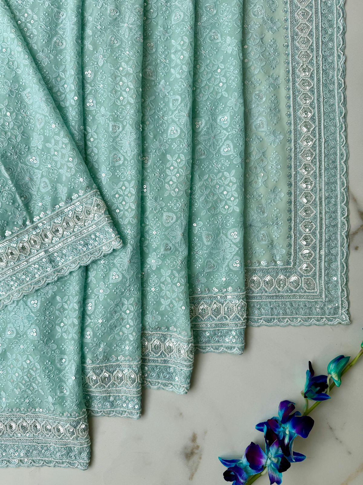 Sea green pure georgette saree with Resham, sequence and seep work Design Saree Online USA
