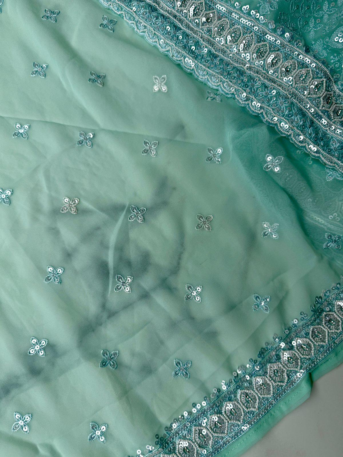 Sea green pure georgette saree with Resham, sequence and seep work Design Saree Online USA