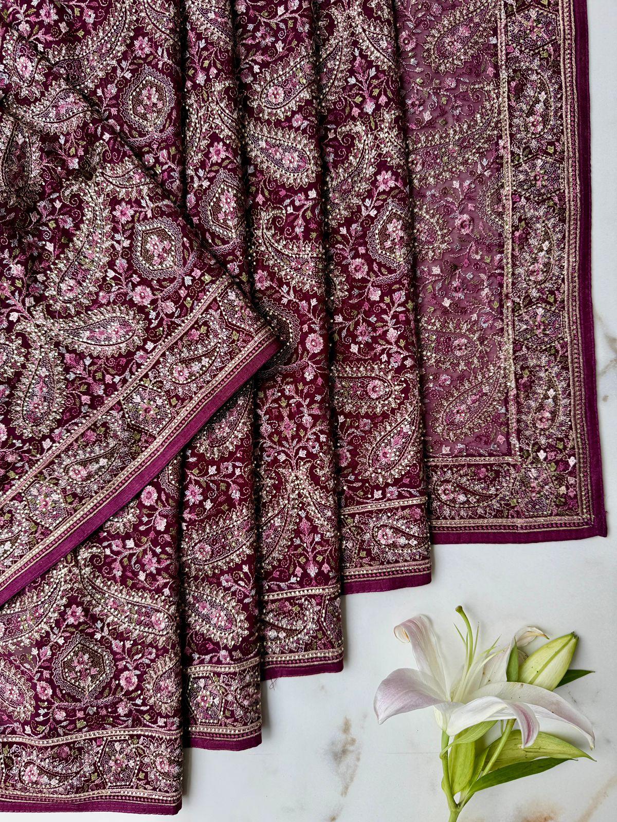 Wine georgette Kashmiri work Jaal Design Saree Online USA