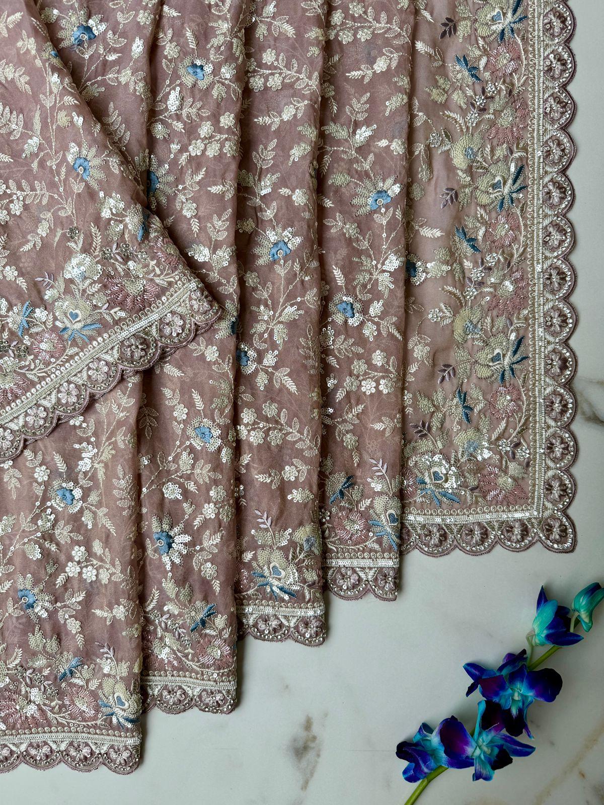 Salmon color pure tissue organza saree with Dania, seuence, Meenakshi and Jarkan work Design Saree Online USA