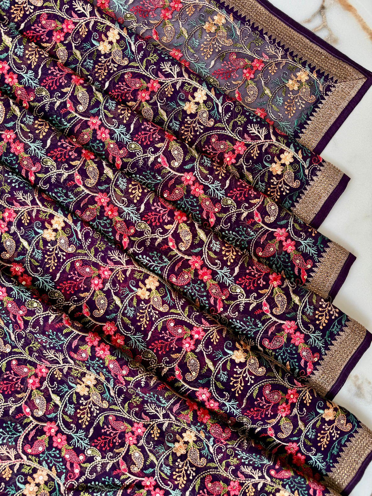 Purple Georgette saree with Kashmiri work all over, Design Saree Online USA