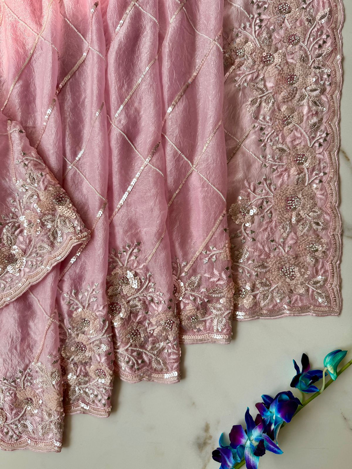 Pink tissue saree with sequence hand, seep, Resham and gotta work Design Saree Online USA
