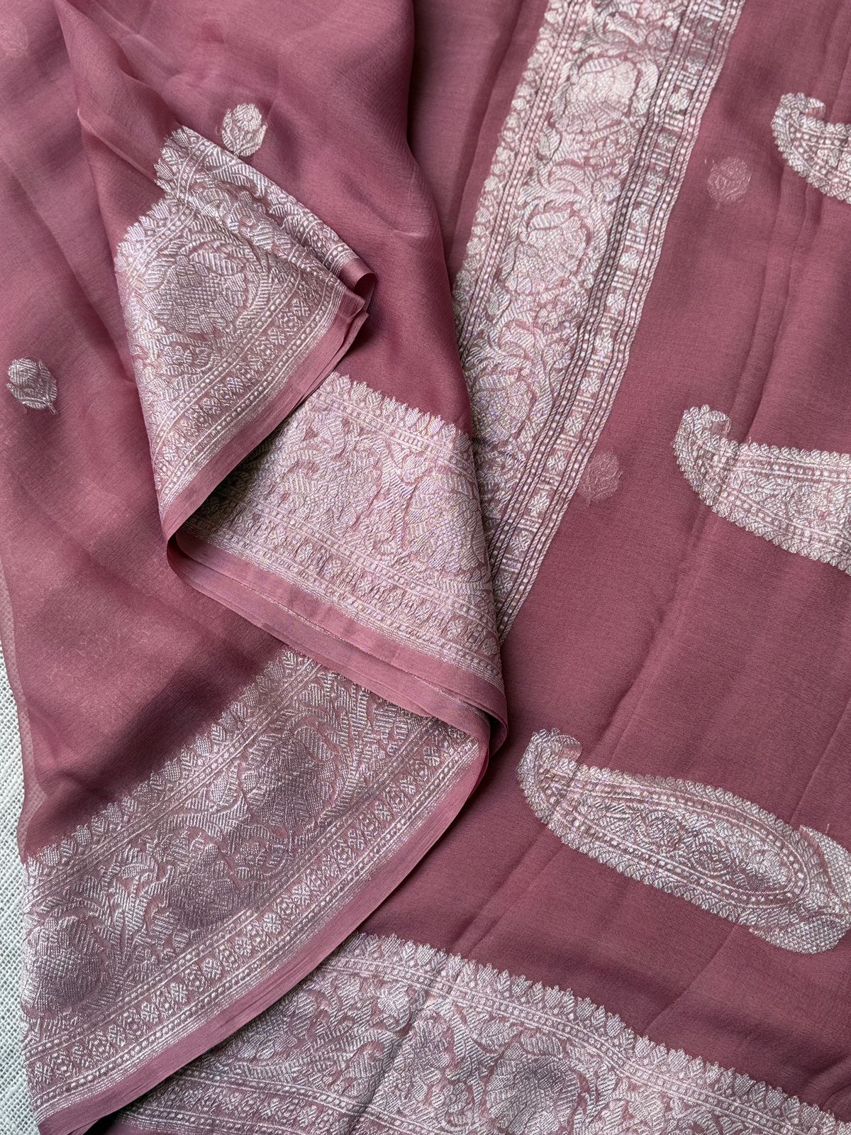 Pure Banarasi Georgette Sarees Onion Pink in the USA | Authentic Handwoven Sarees – Lakshmi Couture