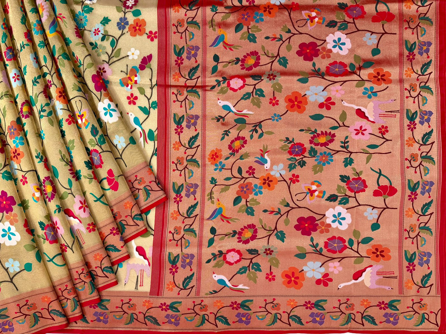 Gold color pure Benarasi tissue paithani saree with all over weaving