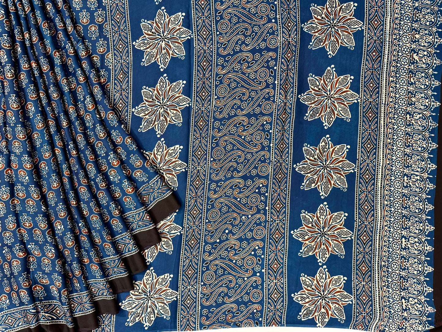 Indigo color pure modal crepe with ajrakh block printing all over