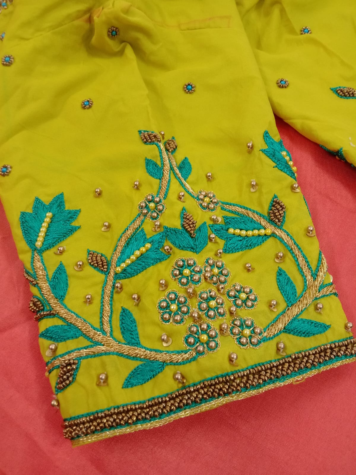 Custom Yellow with light green Aari Work Blouse Online USA
