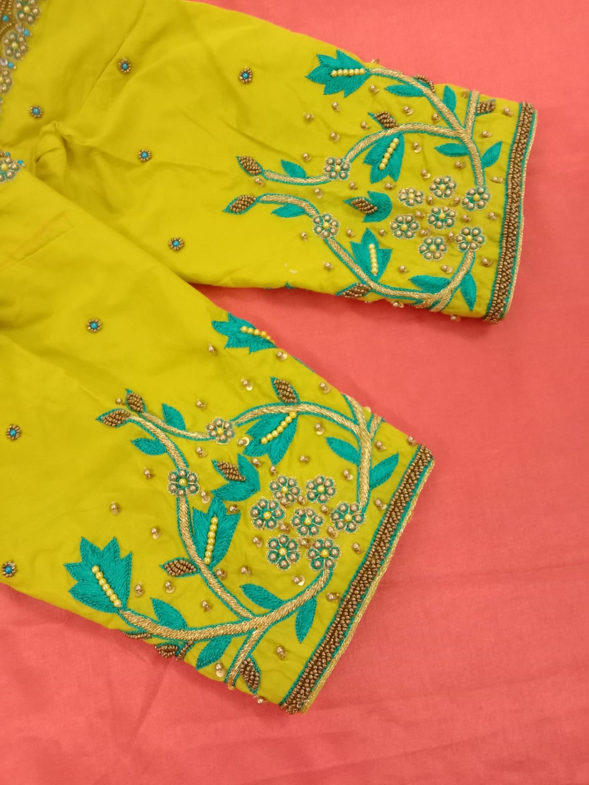 Custom Yellow with light green Aari Work Blouse Online USA