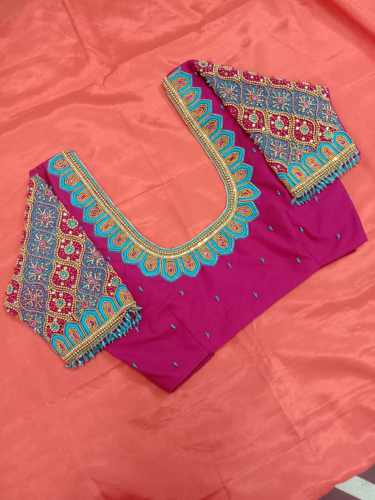 Custom Light Pink with Light Blue Aari Work Blouse Online USA