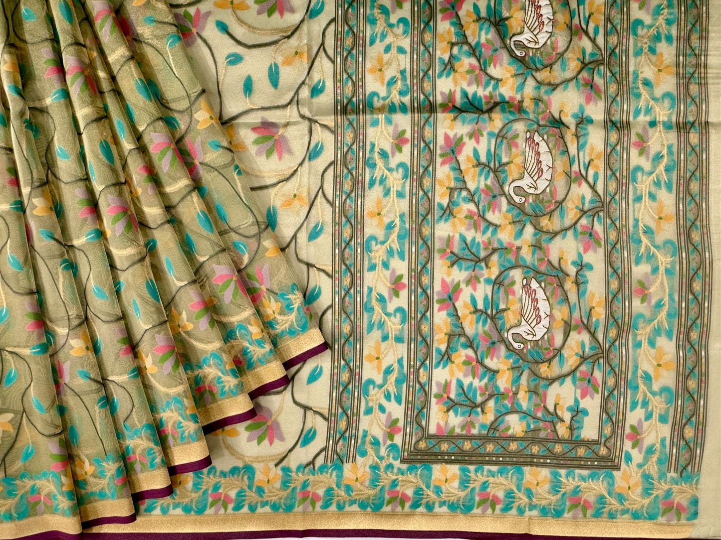 Pista color Pure Benarasi tissue paithani saree with all over weaving