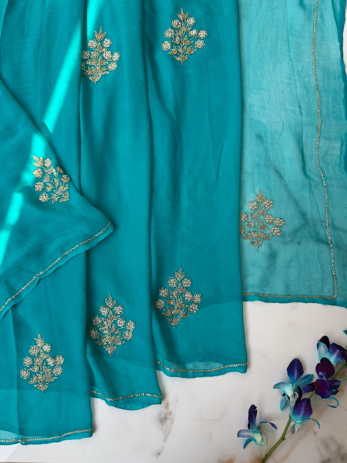 Rama Green Chiffon Saree with beeds cut dana embroider saree in usa