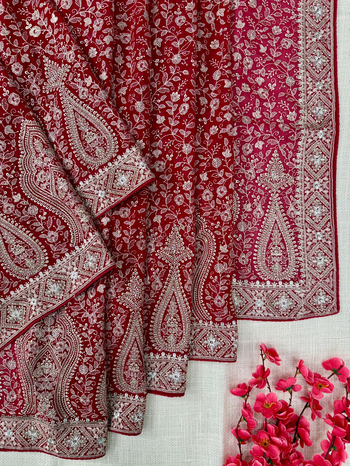 Red color georgette Kashmiri embroidery with all over work in usa