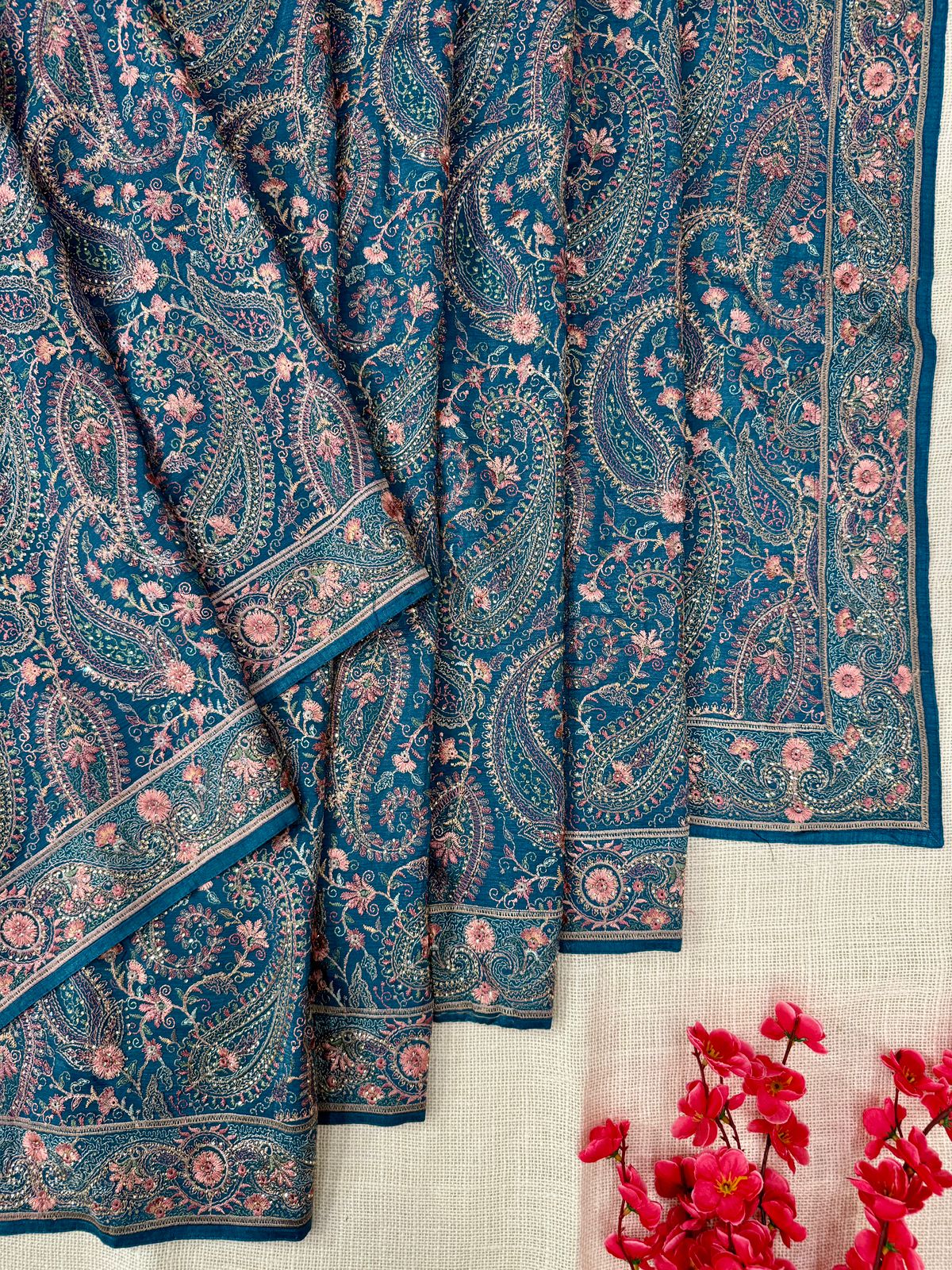 Sky blue color Chinnon Kashmiri embroidery with all over work in usa