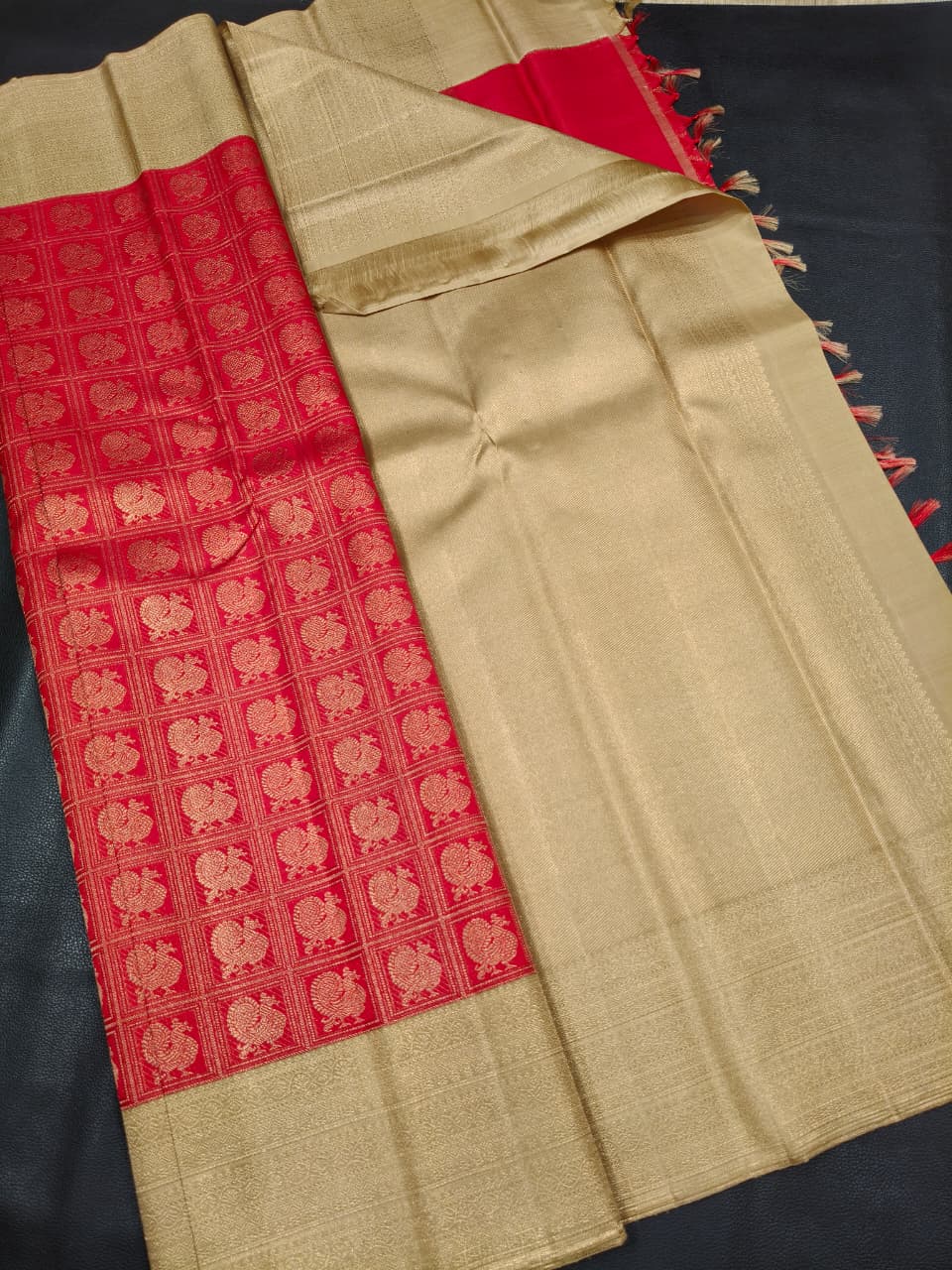Red with white Kanchi Silk Saree