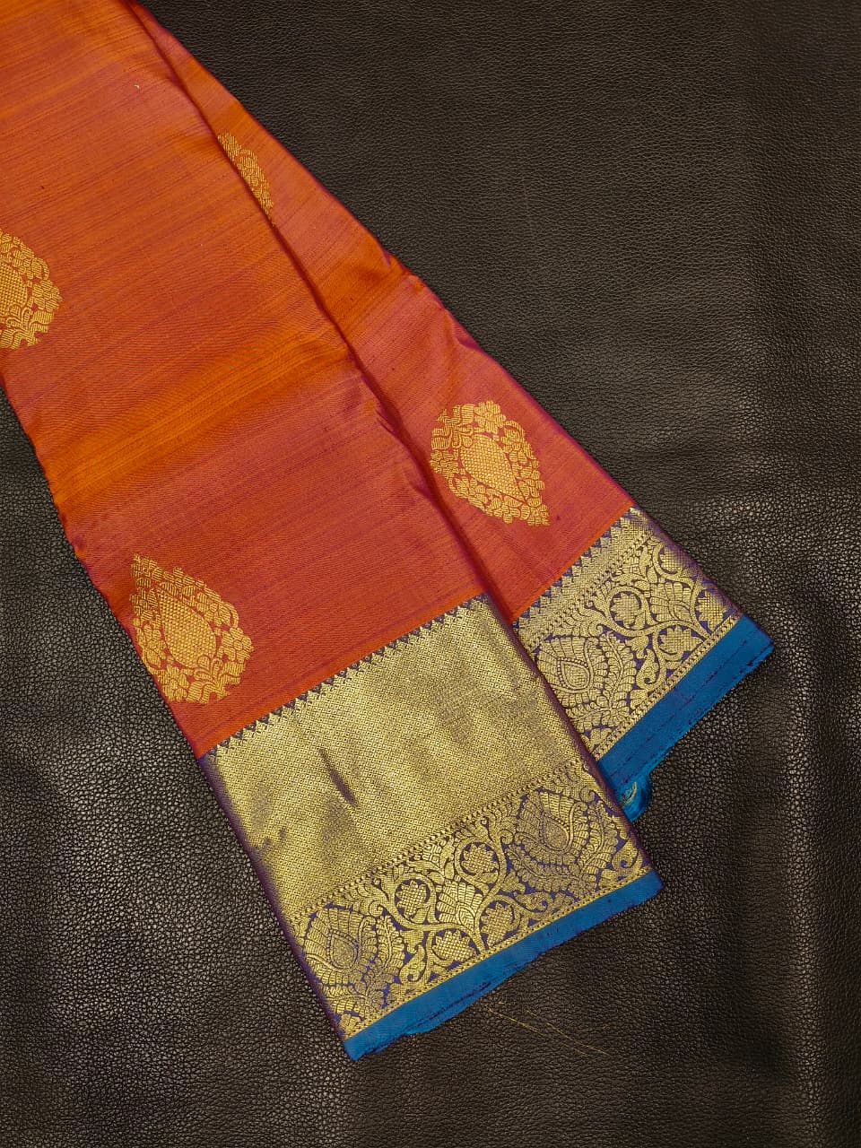 Light Red With Gold Green Kanchipuram Saree USA
