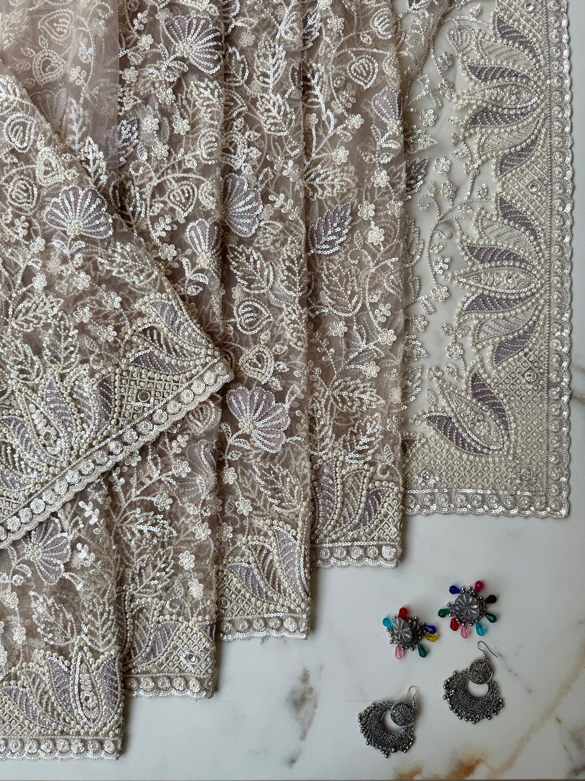 Silver designer net saree
