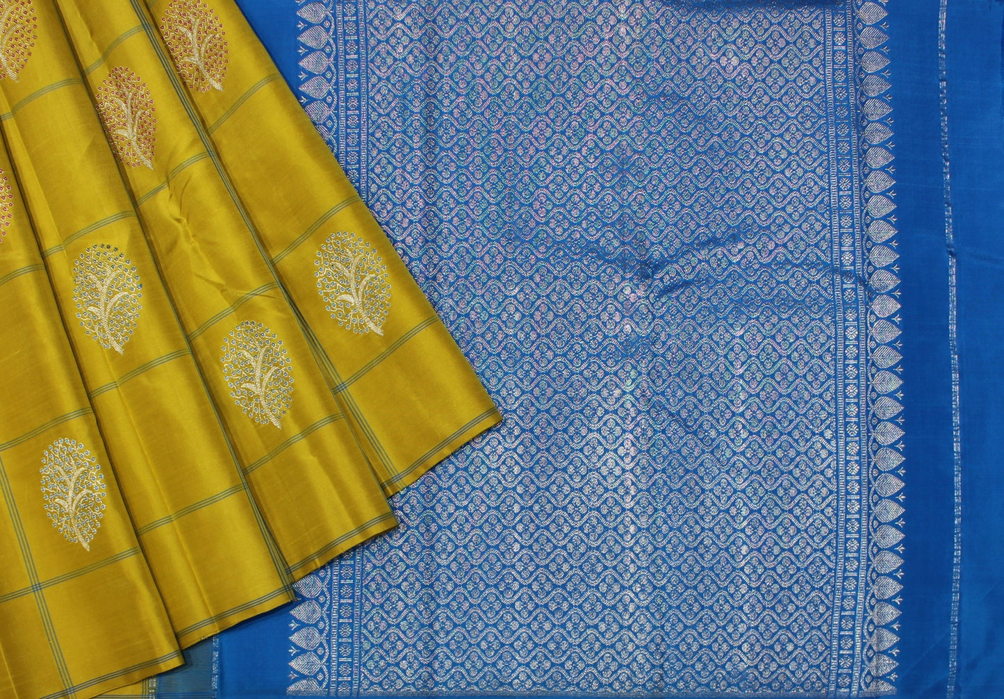 Yellow with blue Pure Soft Silk Saree Online USA