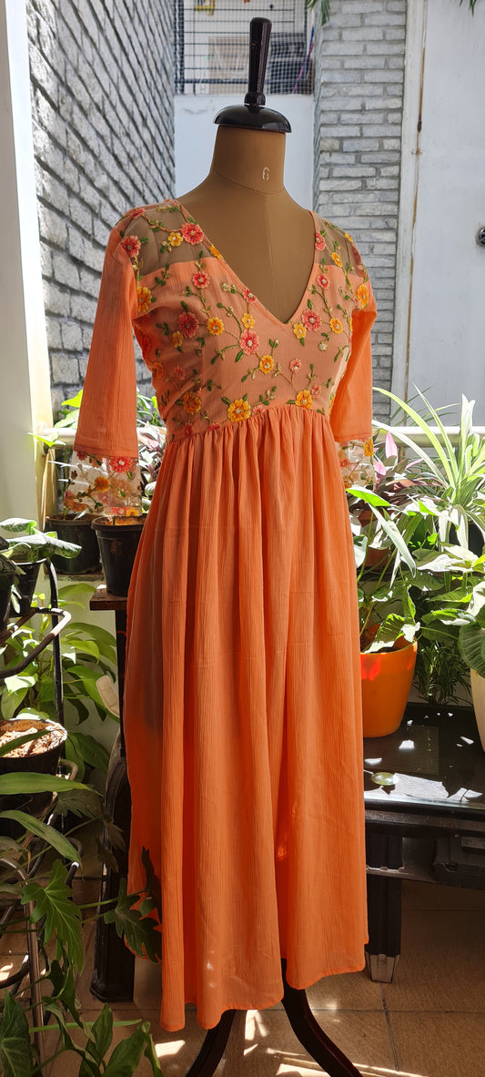 The Peach Cotton Frock With Floral Elegance