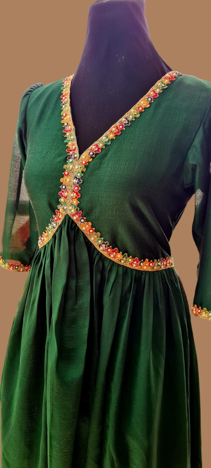 Dark Green Crush Georgette Shiny Frock and Stone Embroidery Lace Work with Crepe Lining