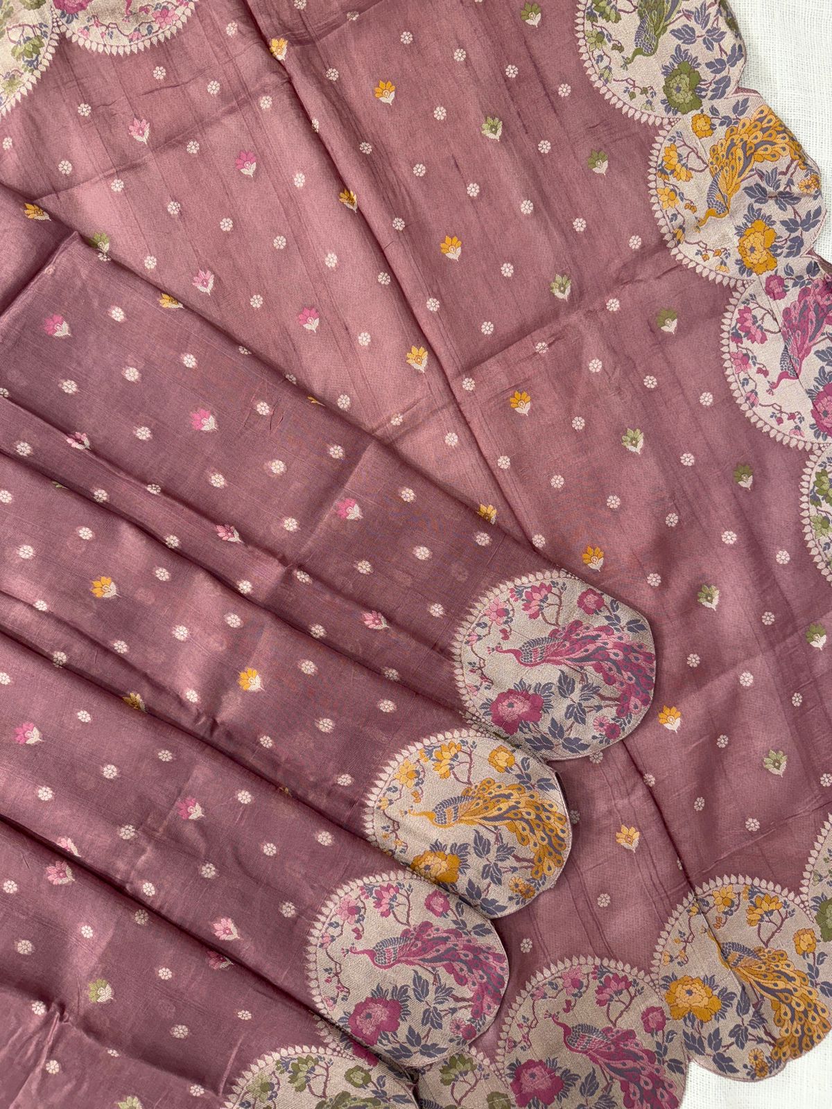Onion color Tussar silk with cut work border and meenakariZari weaving all over