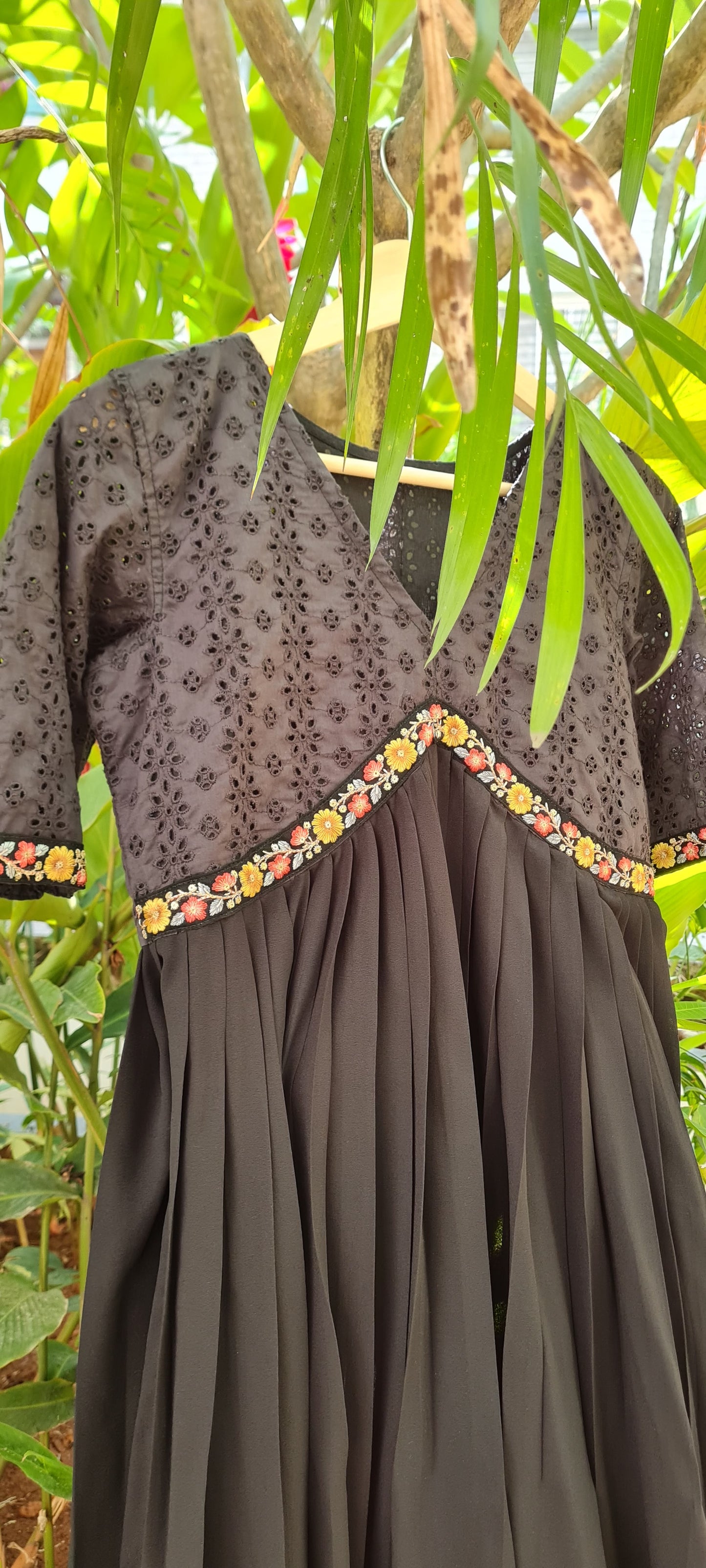 Black Georgette Frill, Yoke Design Top with Hand Painted Organza Dupatta