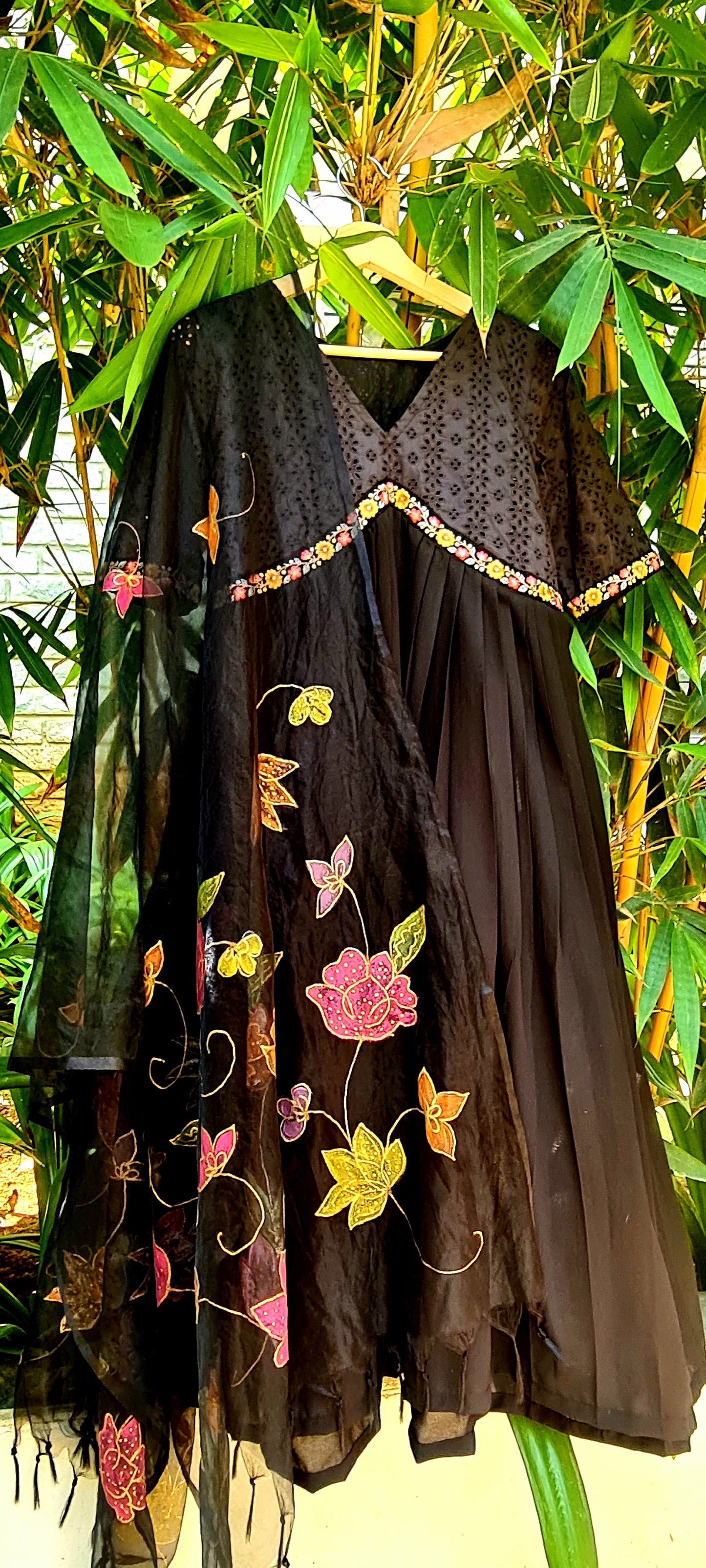 Black Georgette Frill, Yoke Design Top with Hand Painted Organza Dupatta