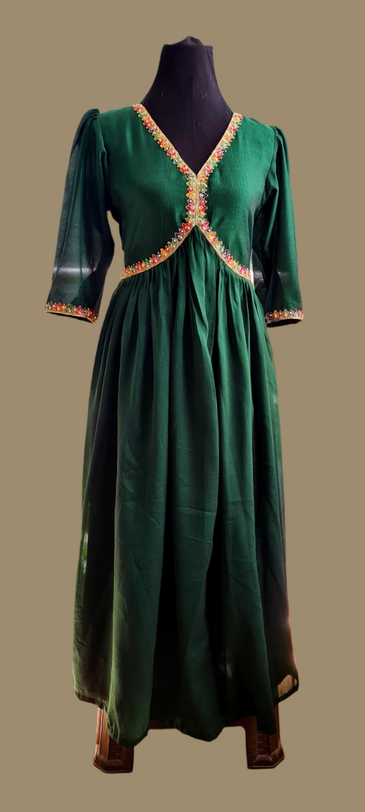 Dark Green Crush Georgette Shiny Frock and Stone Embroidery Lace Work with Crepe Lining