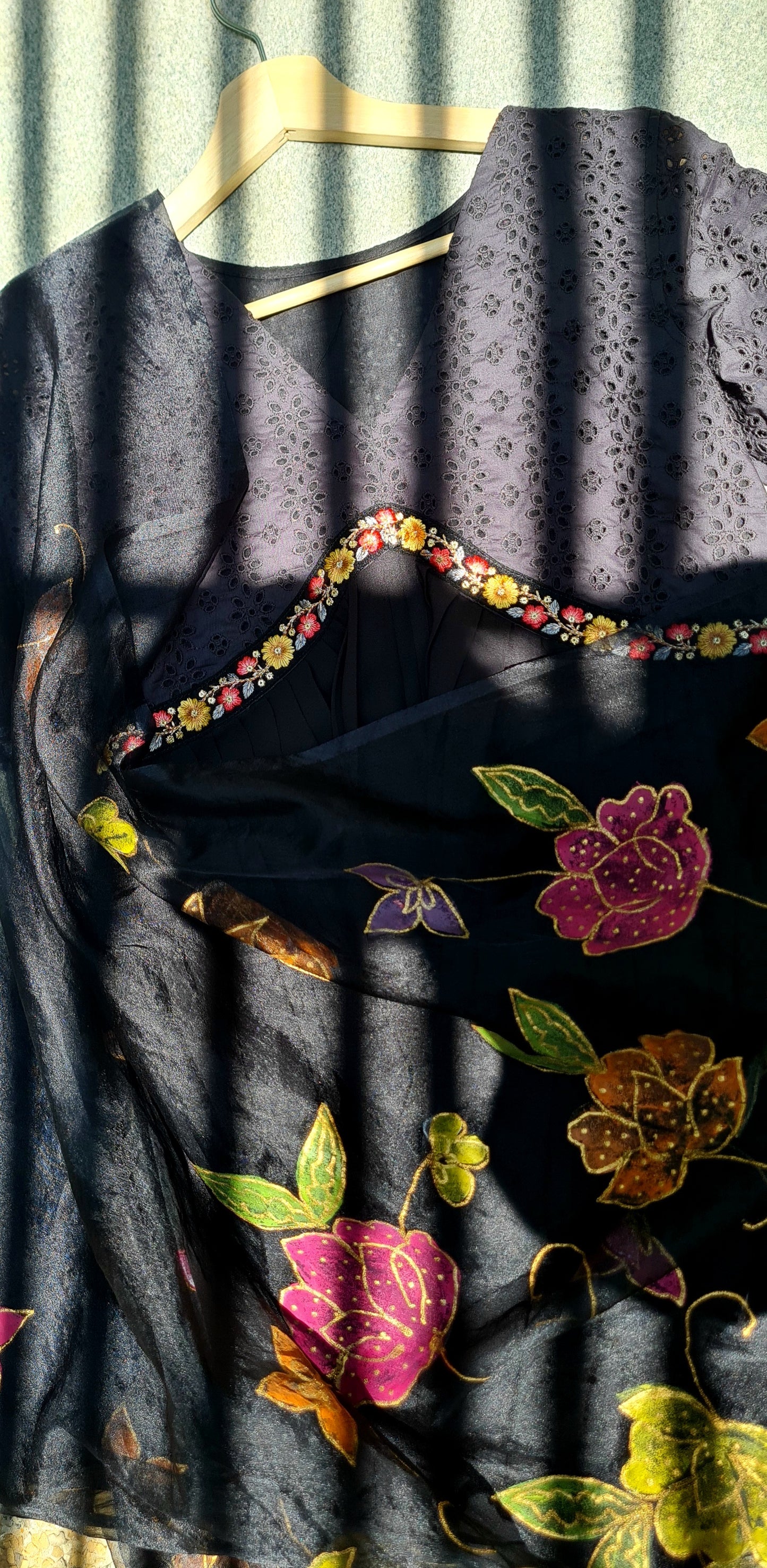 Black Georgette Frill, Yoke Design Top with Hand Painted Organza Dupatta