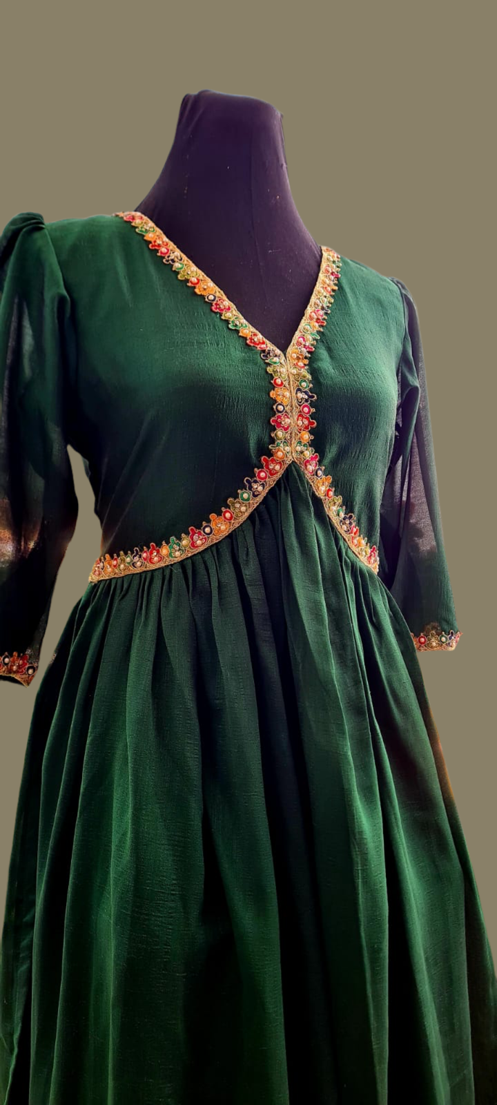 Dark Green Crush Georgette Shiny Frock and Stone Embroidery Lace Work with Crepe Lining