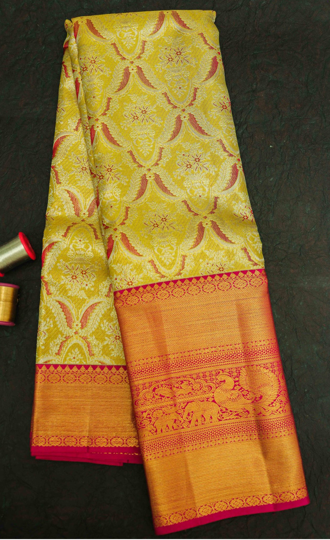 Bridal Tissue in Mehandi green Kanjivaram Silk Saree