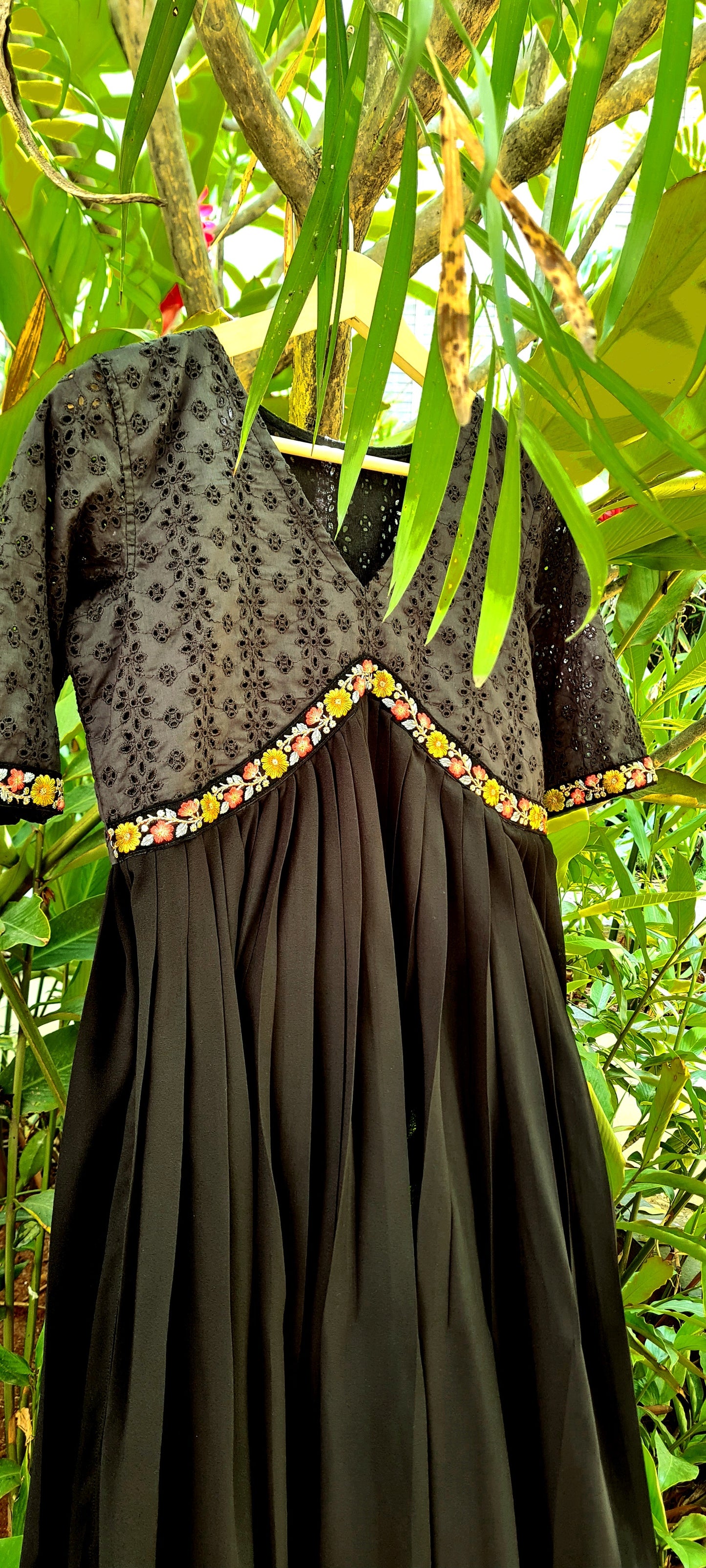 Black Georgette Frill, Yoke Design Top with Hand Painted Organza Dupatta